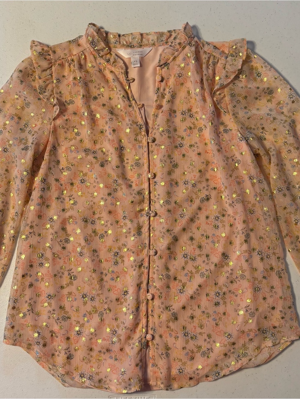 LC Lauren Conrad Pink Metallic Floral Ruffle Blouse size xs